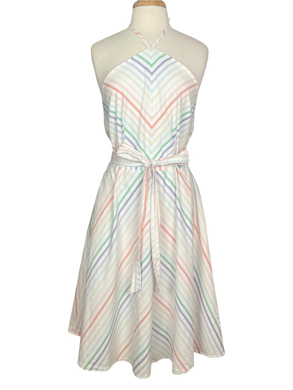 Rainbow Striped Halter Dress Size Large Fit Flare Preppy Summer Pastel Chevron